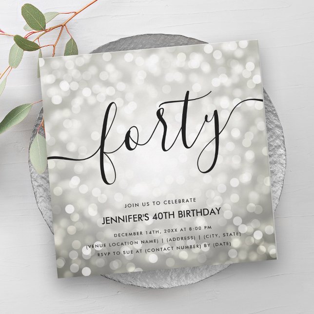 Invitation Lumières de la Parties scintillant d'argent modern (Modern Silver Glitter Lights 40th Birthday Invitation)