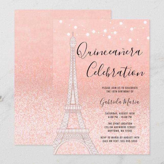 Invitation Lumières de la Parties scintillant Rose d'or de Pa (Devant / Derrière)
