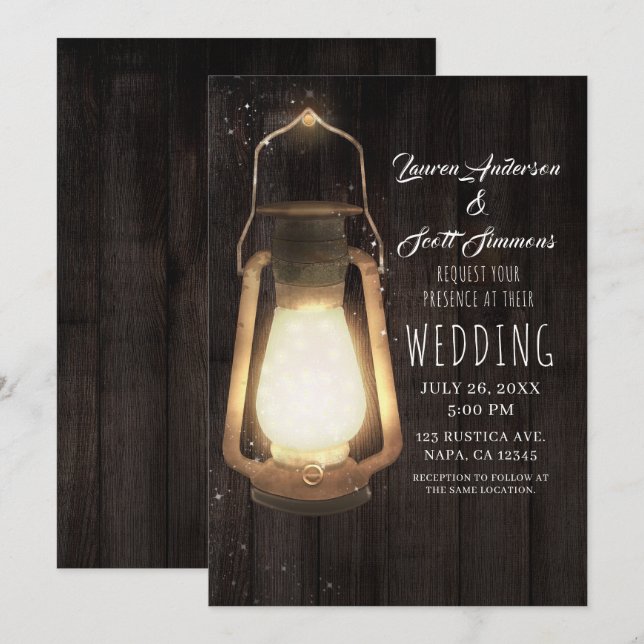 Invitation Lumières de lanternes rustiques Mariage de bois de (Devant / Derrière)