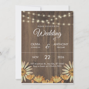 Invitation Lumières de mariage à cordes tournesol en bois rus