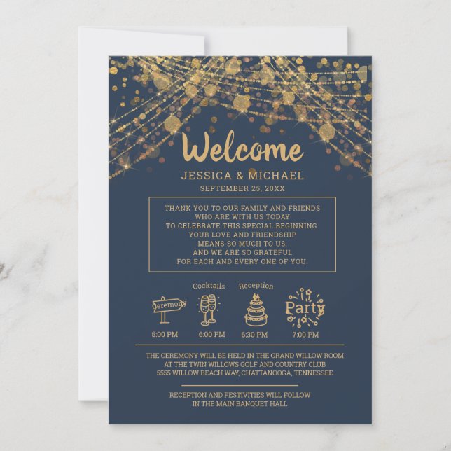 Invitation Lumières de mariage à ficelle dorée et bleue marin (Devant)