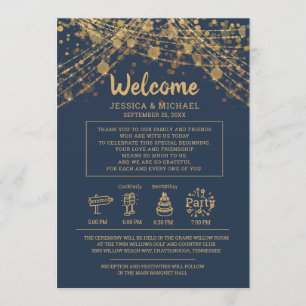 Invitation Lumières de mariage à ficelle dorée et bleue marin
