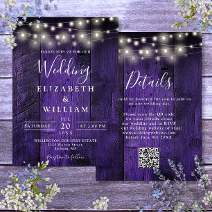 Invitation Lumières de mariage en bois rustique violet avec c