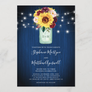 Invitation Lumières de mariage en pot Mason bleu marine tourn