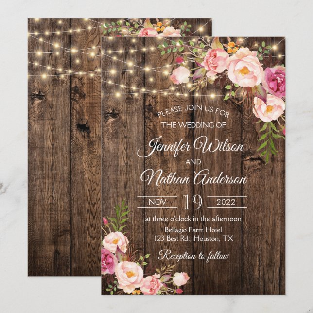 Invitation Lumières de mariage florales bohèmes en bois rusti (Devant / Derrière)