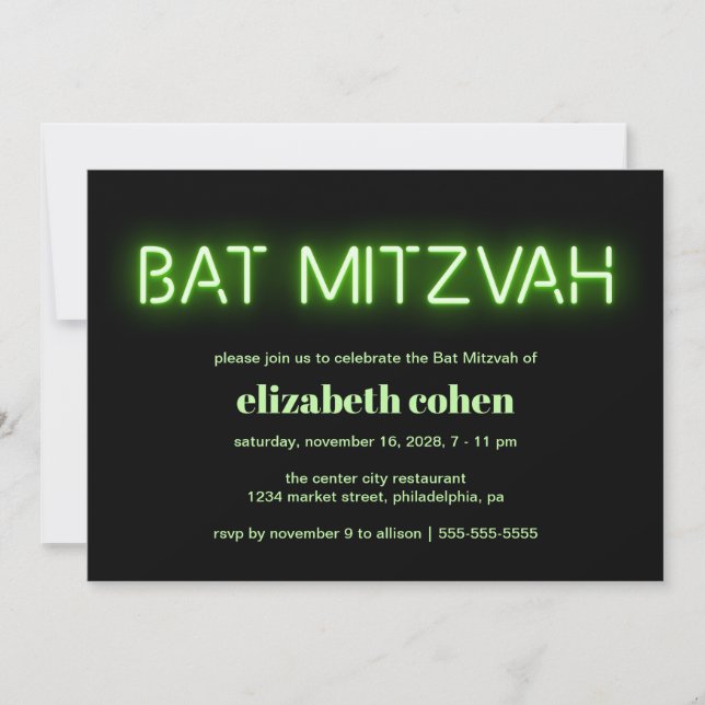 Invitation Lumières de néon vert bat mitzvah (Devant)