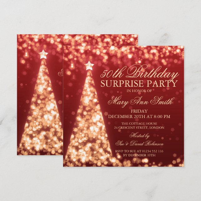 Invitation Lumières de Noël d'anniversaire de surprise rouge (Devant / Derrière)