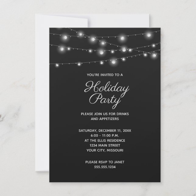 Invitation Lumières de Noël en fil noir et blanc pour fête de (Devant)