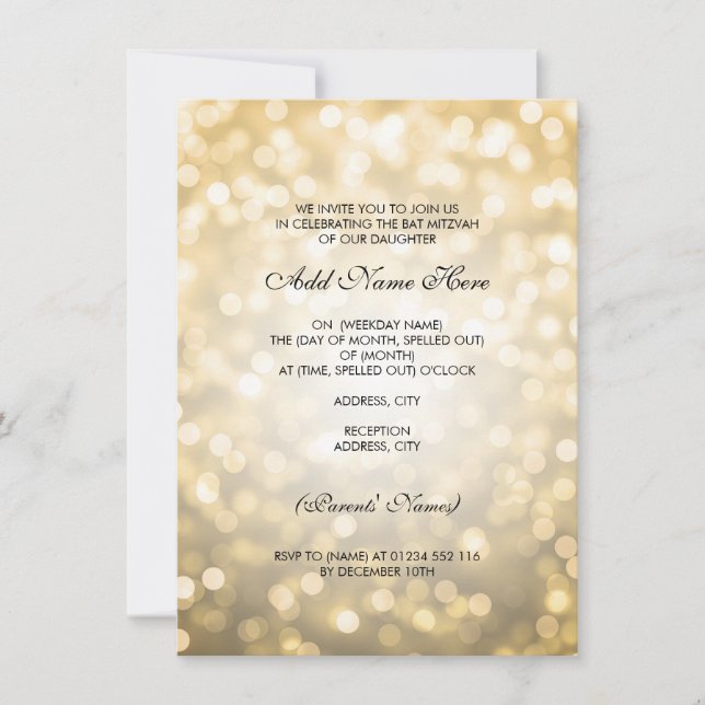 Invitation Lumières de parties scintillantes d'or de bat (Devant)