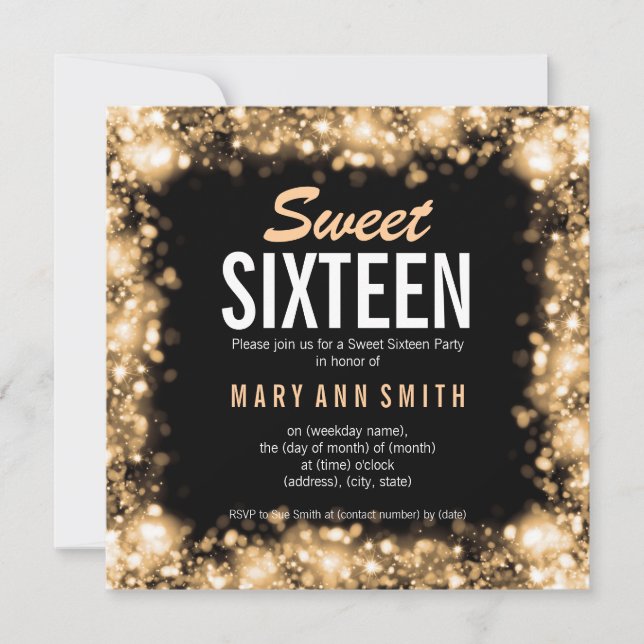 Invitation Lumières de scintillement de sweet sixteen d'or (Devant)