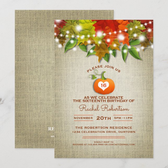 Invitation Lumières de Twinkle Autumn Burlap Sweet 16 Party (Devant / Derrière)