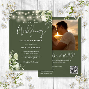 Invitation Lumières de verdure Code QR Photo Vert olive Maria