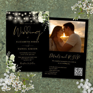 Invitation Lumières de verdure en or noir Code QR Photo Maria