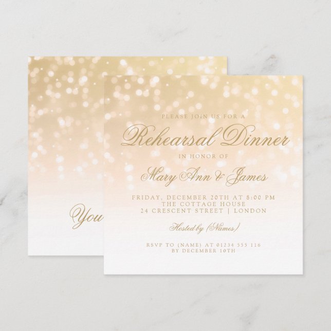 Invitation Lumières d'étincelle de Bokeh d'or de dîner de (Devant / Derrière)