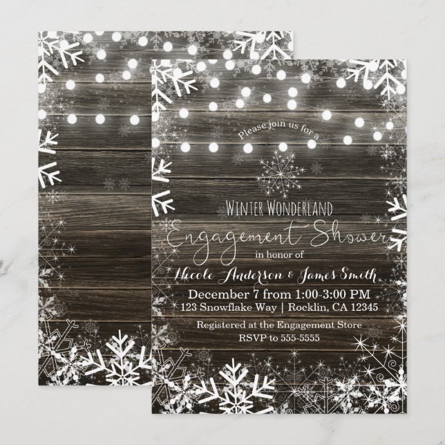 Invitation Lumières d'hiver Snowflakes Rustique Fiançailles d (Devant / Derrière)