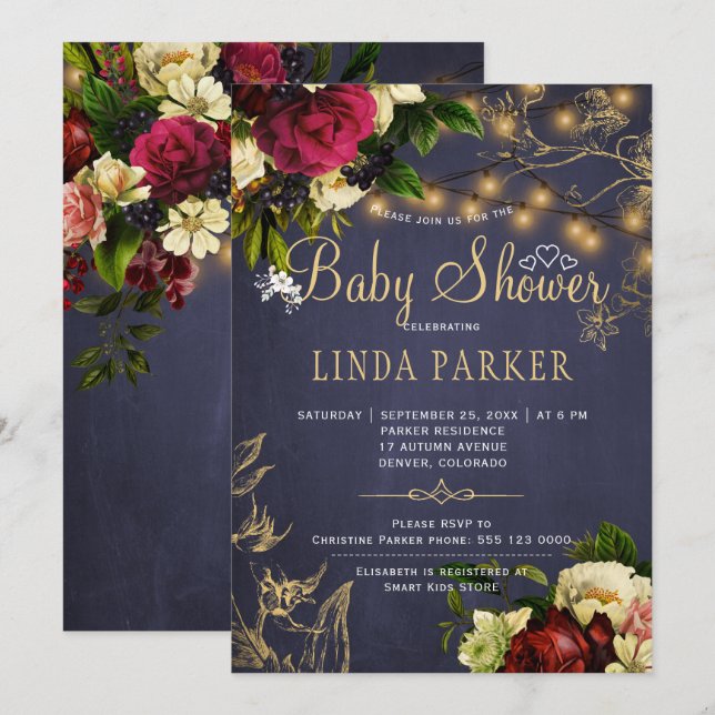 Invitation Lumières d'or baby shower de la marine rustique d' (Devant / Derrière)