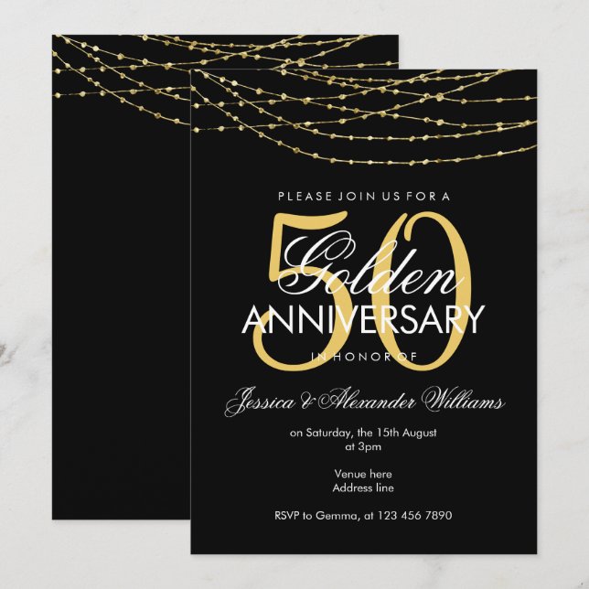 Invitation Lumières dorées 50e anniversaire de Mariage (Devant / Derrière)