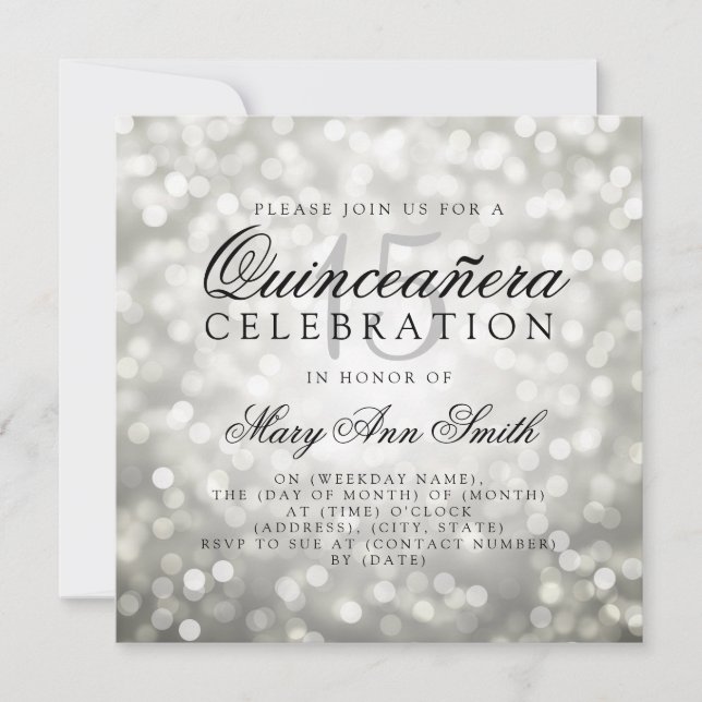 Invitation Lumières du Bokeh d'argent de Quinceanera 15e anni (Devant)