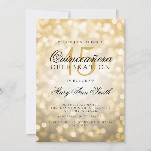 Invitation Lumières du bokeh Gold de Quinceanera 15e annivers (Devant)