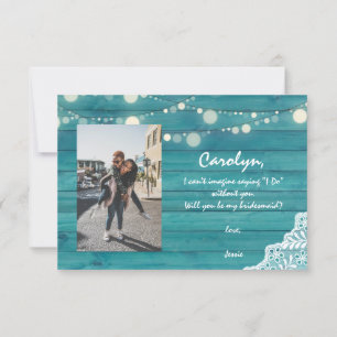 Invitation Lumières en bois bleu Be My Bridesmaid? avec photo