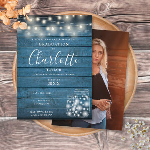 Invitation Lumières en bois bleu rustique pour la fête de fin