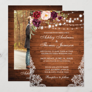 Invitation Lumières en bois Mariage rustique Dentelle Photo f