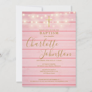 Invitation Lumières en bois rose Script Baptême Christening