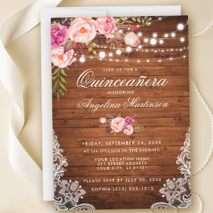 Invitation Lumières en bois rustique de Quinceanera dentelle 