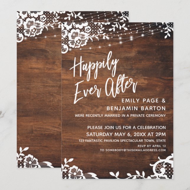 Invitation Lumières et dentelle rustiques en bois Happy Jamai (Devant / Derrière)
