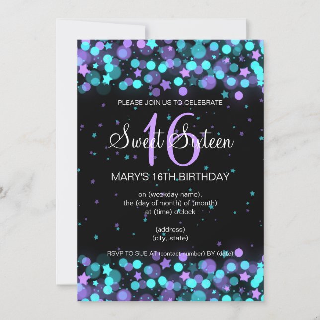 Invitation Lumières et étoiles du sweet sixteen (Devant)