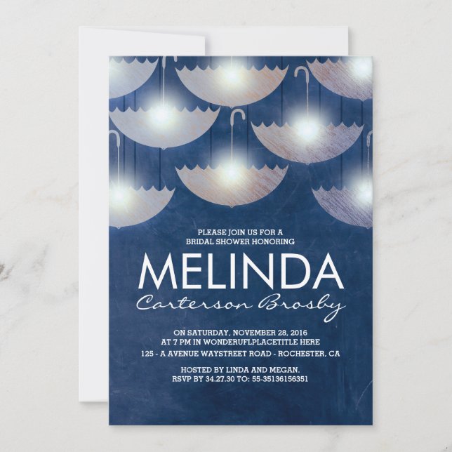 Invitation Lumières et parapluies Marine Fête des mariées ble (Devant)