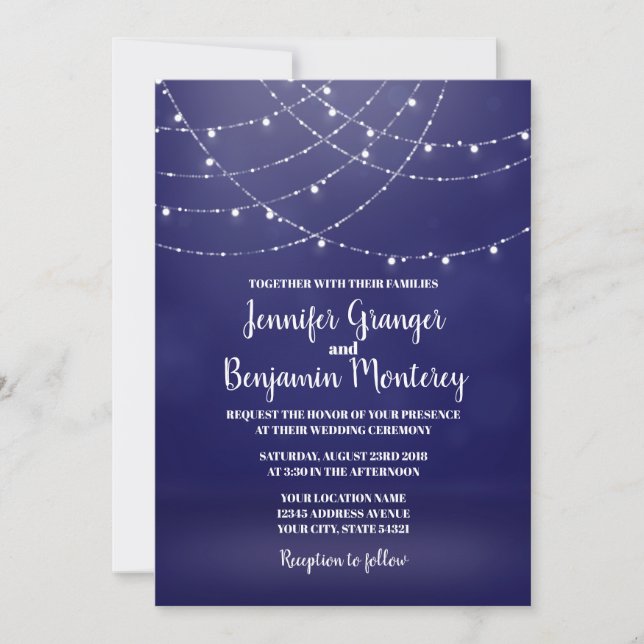 Invitation Lumières Fée Blanc Glam Mariage Bleu (Devant)