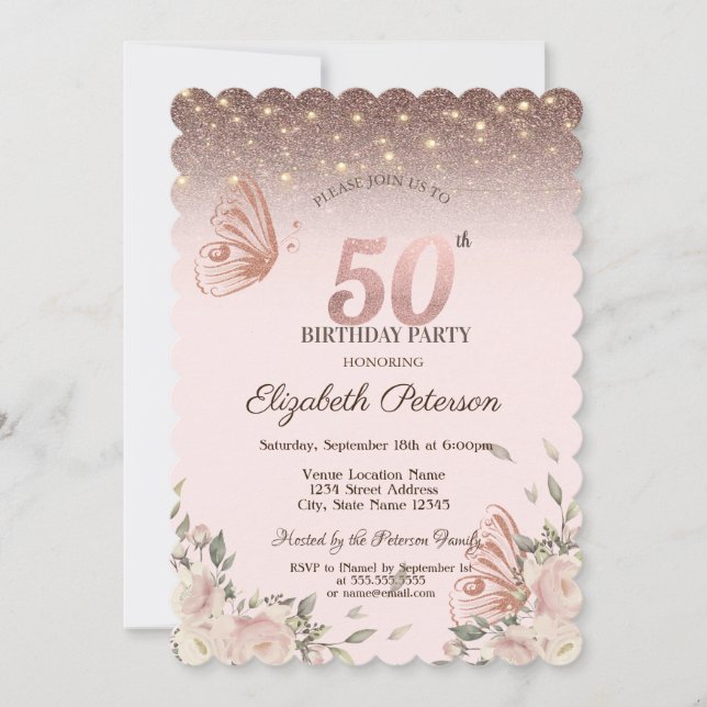 Invitation Lumières, Fleurs Parties scintillant Papillons 50e (Devant)