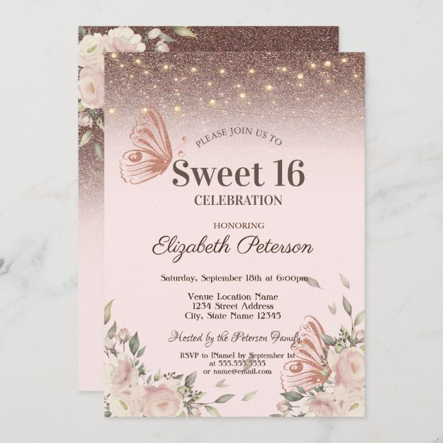 Invitation Lumières, Fleurs roses Parties scintillant Papillo (Devant / Derrière)