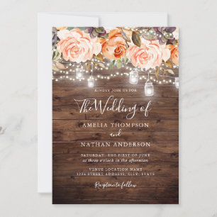 Invitation Lumières Florales de Pêche en Bois Rustique pour M