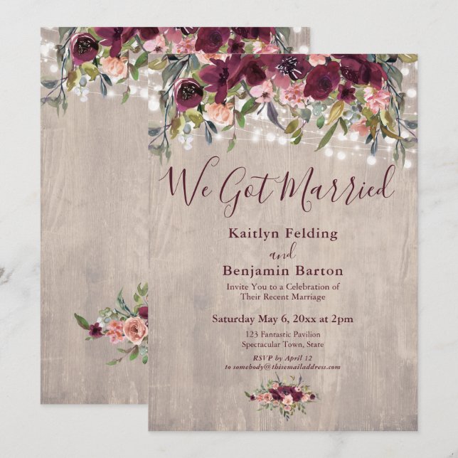Invitation Lumières Florales En Bois Nous Avons Marié Récepti (Devant / Derrière)