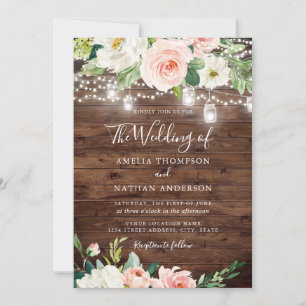 Invitation Lumières Florales Rose Pâle Bois Rustique Mariage
