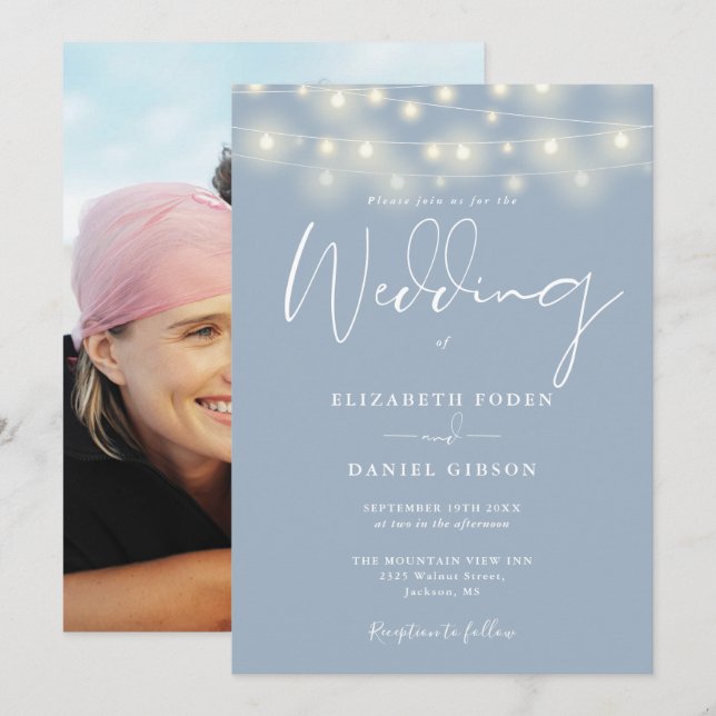 Invitation Lumières Guirlandes Bleu Poussiéreux Photo Mariage (Devant / Derrière)