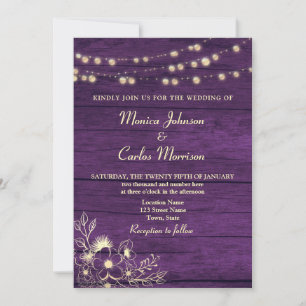 Invitation Lumières Guirlandes Bois Rustique Mariage Violet