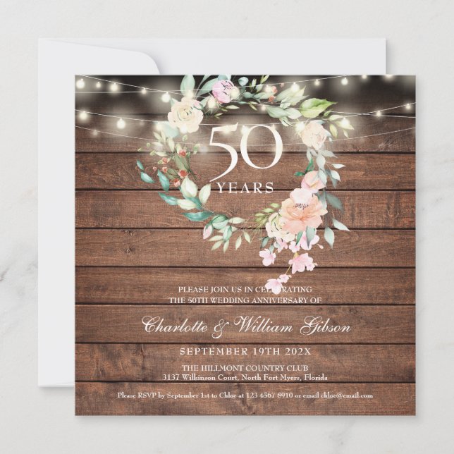 Invitation Lumières guirlandes rustiques 50e anniversaire Flo (Devant)