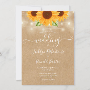 Invitation Lumières Guirlandes Tournesols Mariage Kraft Rusti