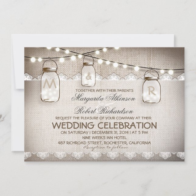 Invitation Lumières Mason Jar - Mariage rustique Burlap Lace (Devant)