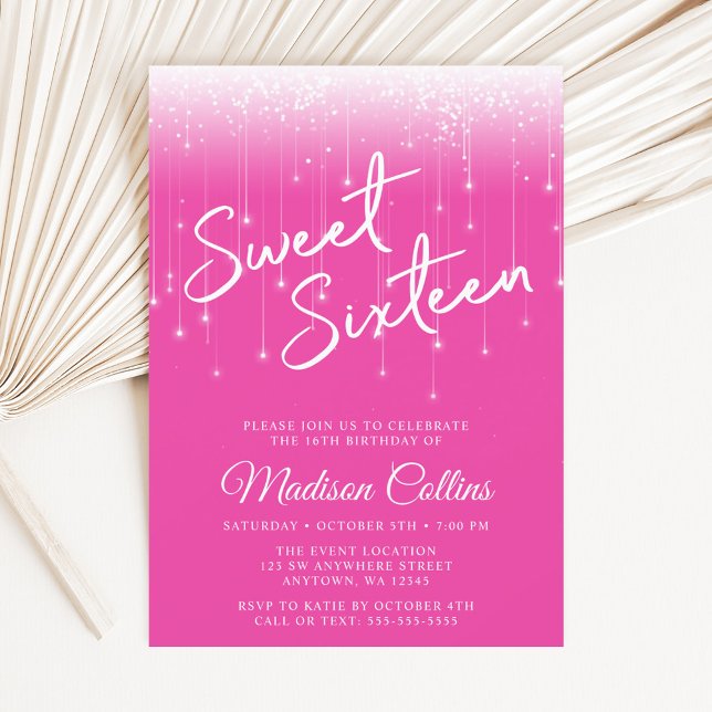 Invitation Lumières modernes Hot rose Sweet 16 (Créateur téléchargé)
