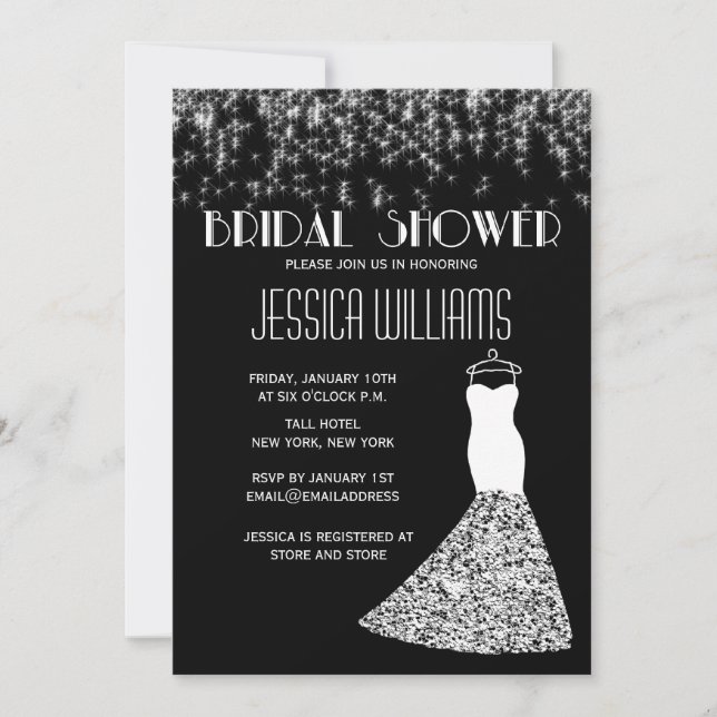 Invitation Lumières Noir Et Blanc Fête des mariées Glamour (Devant)