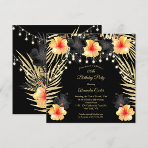 Invitation Lumières Noir Or jaune Hibiscus Tropicale Soirée