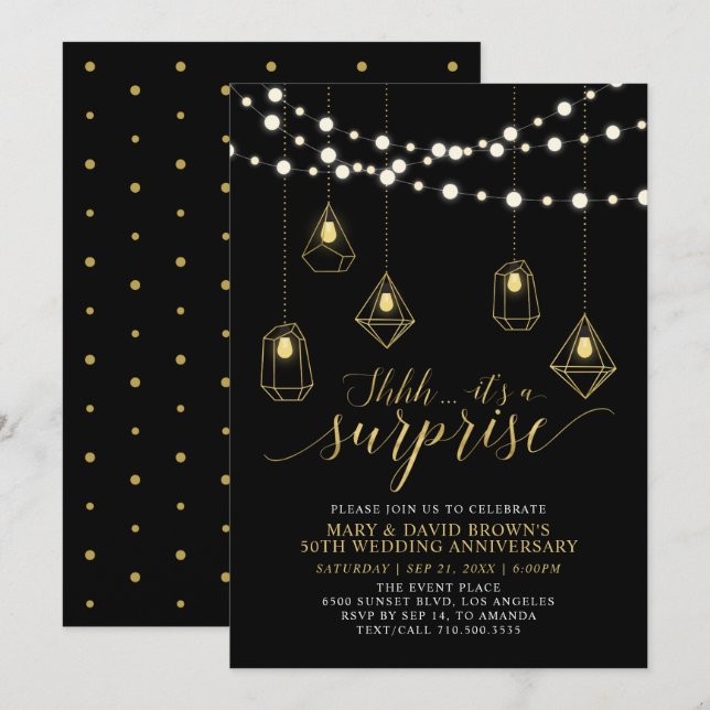 Invitation Lumières or et noir Anniversaire du Mariage surpri (Devant / Derrière)