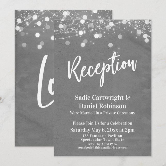 Invitation Lumières Réception de Mariage Texturée Grise Uniqu (Devant / Derrière)