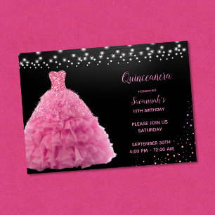 Invitation Lumières rose princesse Quinceanera noire