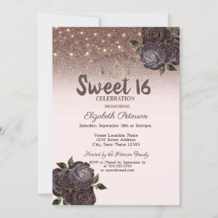 Invitation Lumières, Roses Chic Paillettes Douces 16 Ans
