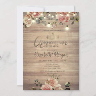 Invitation Lumières Roses rustiques, Tiara, Diamonds Quinceañ